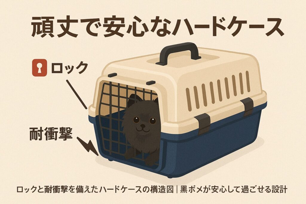 ロックと耐衝撃を備えたハードケースの構造図|黒ポメが安心して過ごせる設計