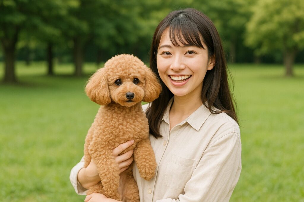 緑の公園で、アプリコットトイプードルを抱きしめ自然な笑顔を見せる日本人女性の写真