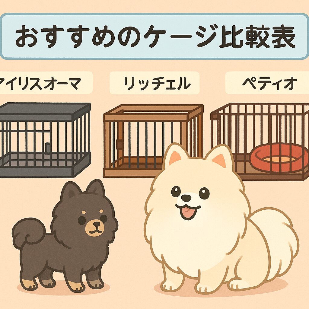 アイリス・リッチェル・ペティオの3種類のケージを見比べるポメラニアンのイラスト