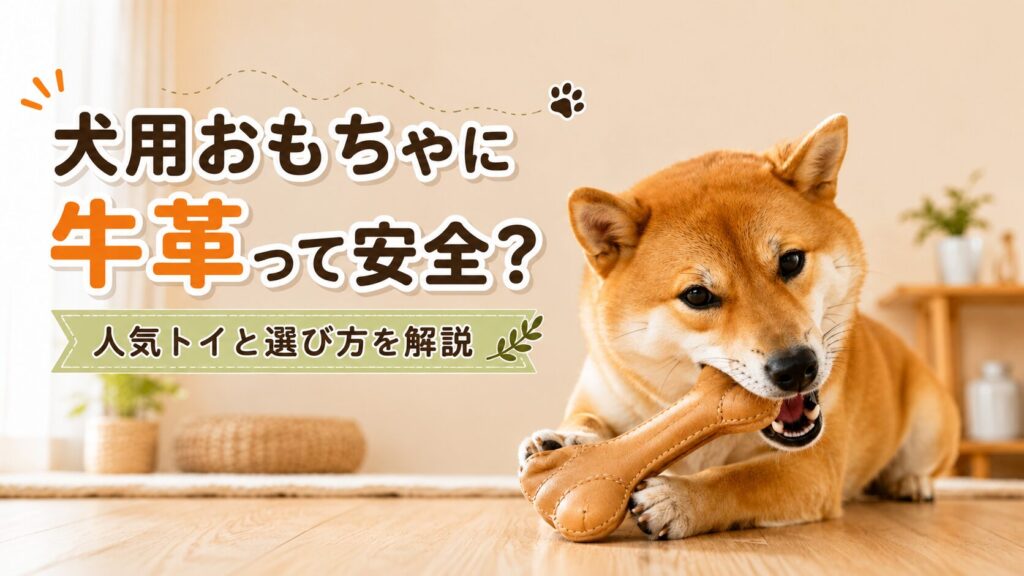 牛革のおもちゃを噛んで遊ぶ柴犬。犬用牛革おもちゃの安全性や選び方を解説するアイキャッチ画像