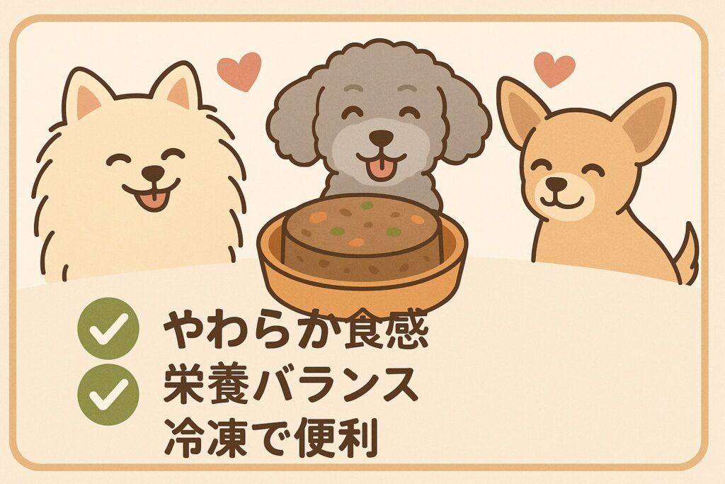 ミートローフの器を囲む白ポメ・シルバートイプードル・チワワが満足そうに微笑むサマリーイラスト。ハートやチェックアイコンで要点を可視化。
