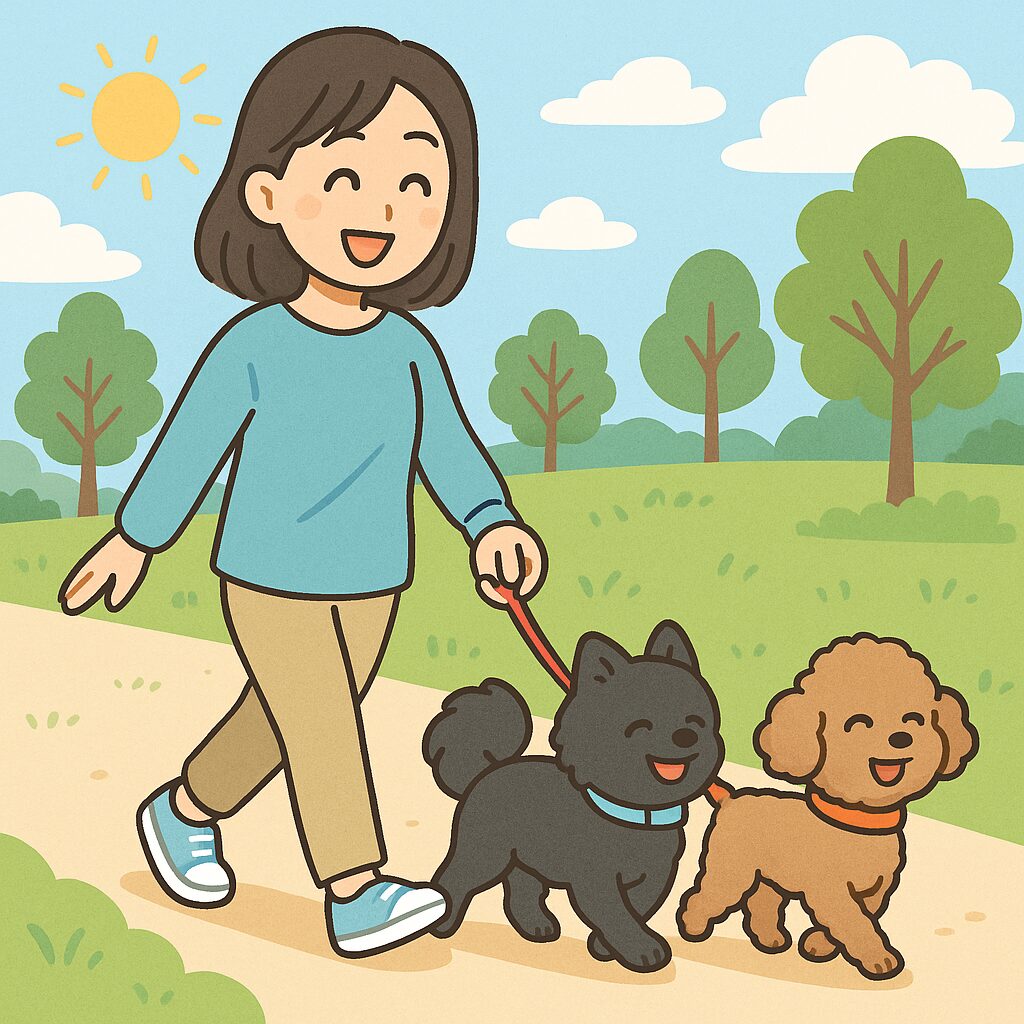 日本人女性と黒ポメラニアン、トイプードルが笑顔で公園を散歩するイラスト