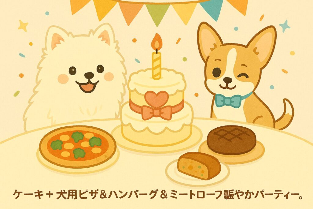 白ポメとチワワが犬用ケーキ・ピザ・ハンバーグ・ミートローフで祝うカラフルなイラスト