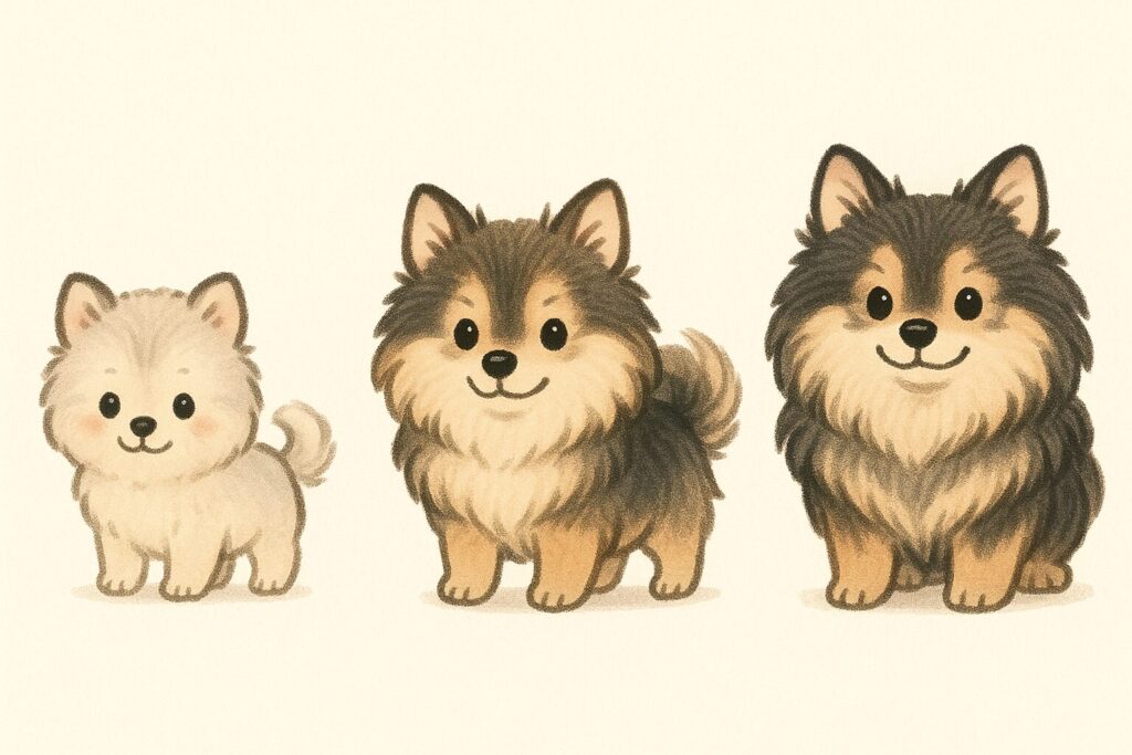 成長期・成犬期の3コマで毛色変化を示すイラスト。