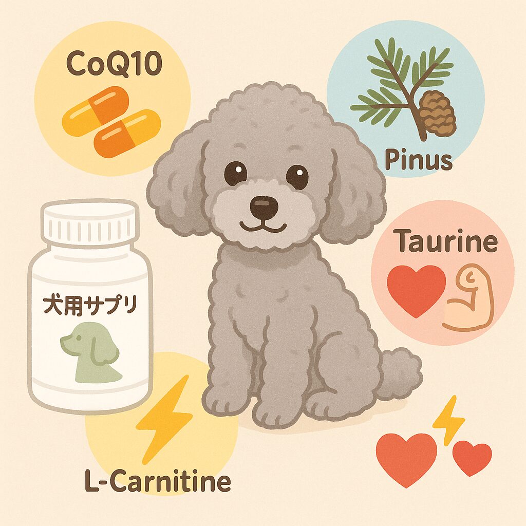 CoQ10・海岸松エキス・タウリンなどの成分イメージと犬の健康イラスト