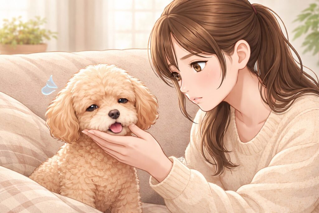 犬の舌が白く見える状態と元気がない様子のイラスト