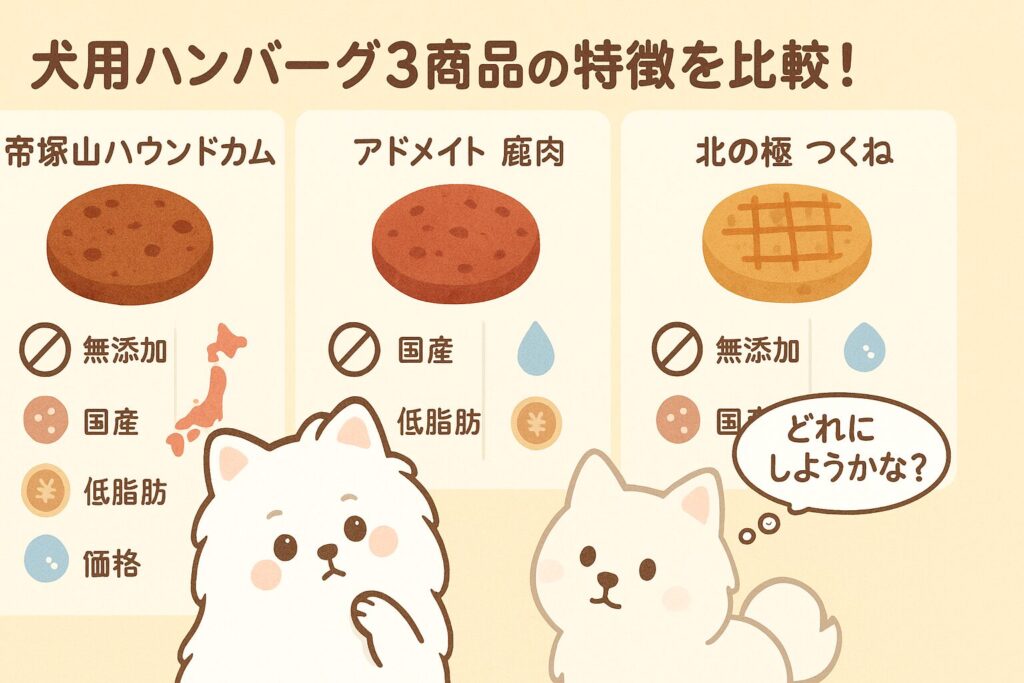 帝塚山ハウンドカム・アドメイト鹿肉・北の極つくねの犬用ハンバーグをイラストで比較し、違いをわかりやすくまとめた表」