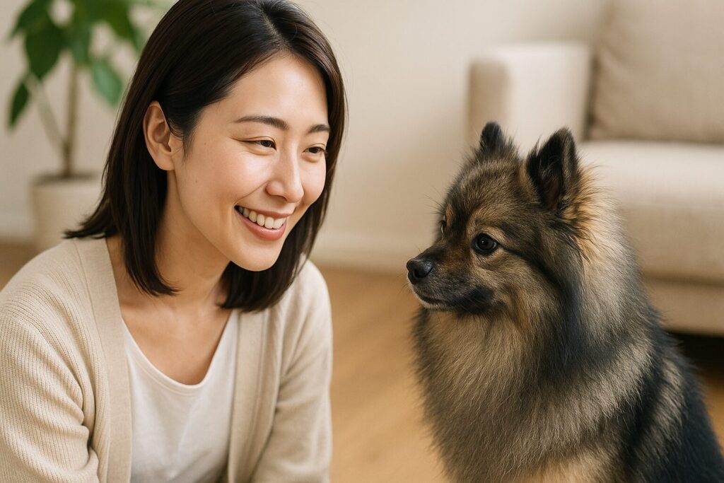 自然な笑顔の日本人女性がウルフセーブルのポメラニアン成犬と見つめ合う実写風写真。