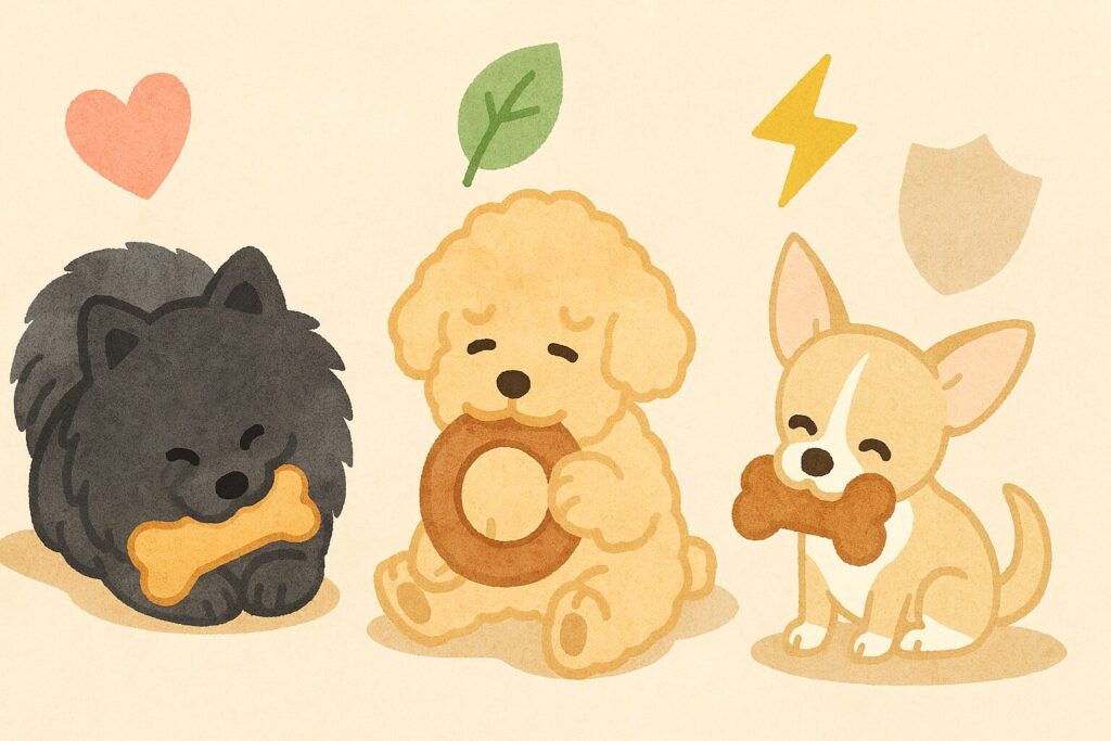 黒ポメラニアンとプードル、チワワが牛革トイで遊ぶ魅力のイラスト