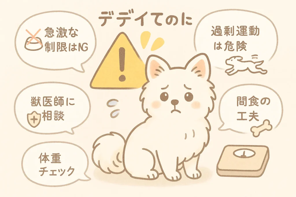 注意マークの前に座る白ポメラニアン。吹き出しに「急激な制限はNG」「過剰運動は危険」「獣医師に相談」「間食の工夫」「体重チェック」とアイコンが描かれたイラスト。