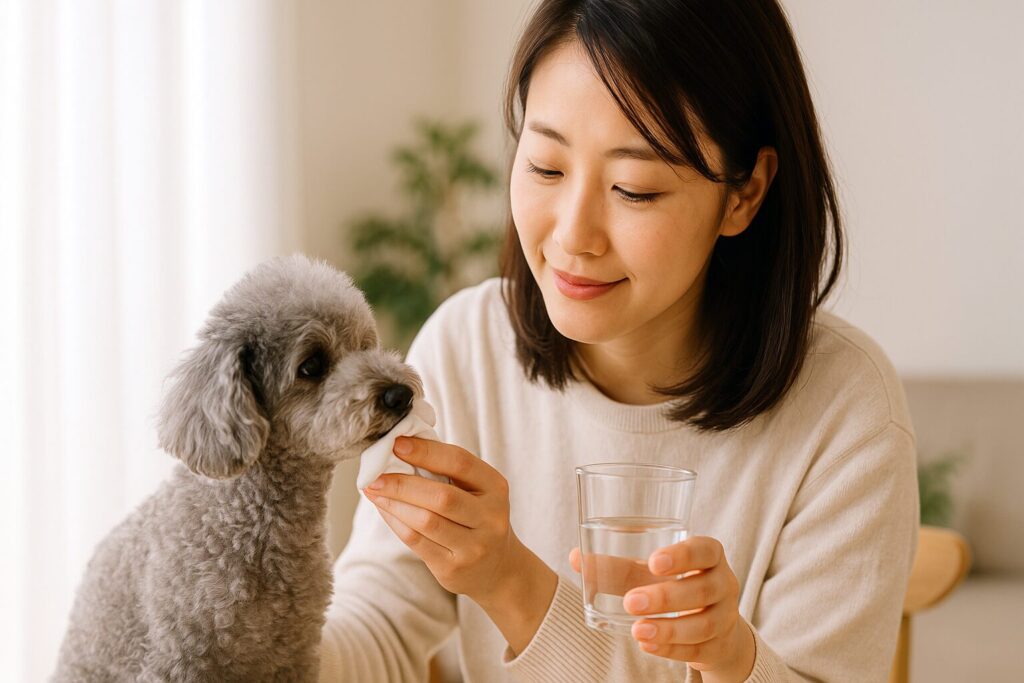 清潔感のある日本人女性がシルバートイプードルの口元をやさしく拭き、水を差し出しているライフスタイル写真