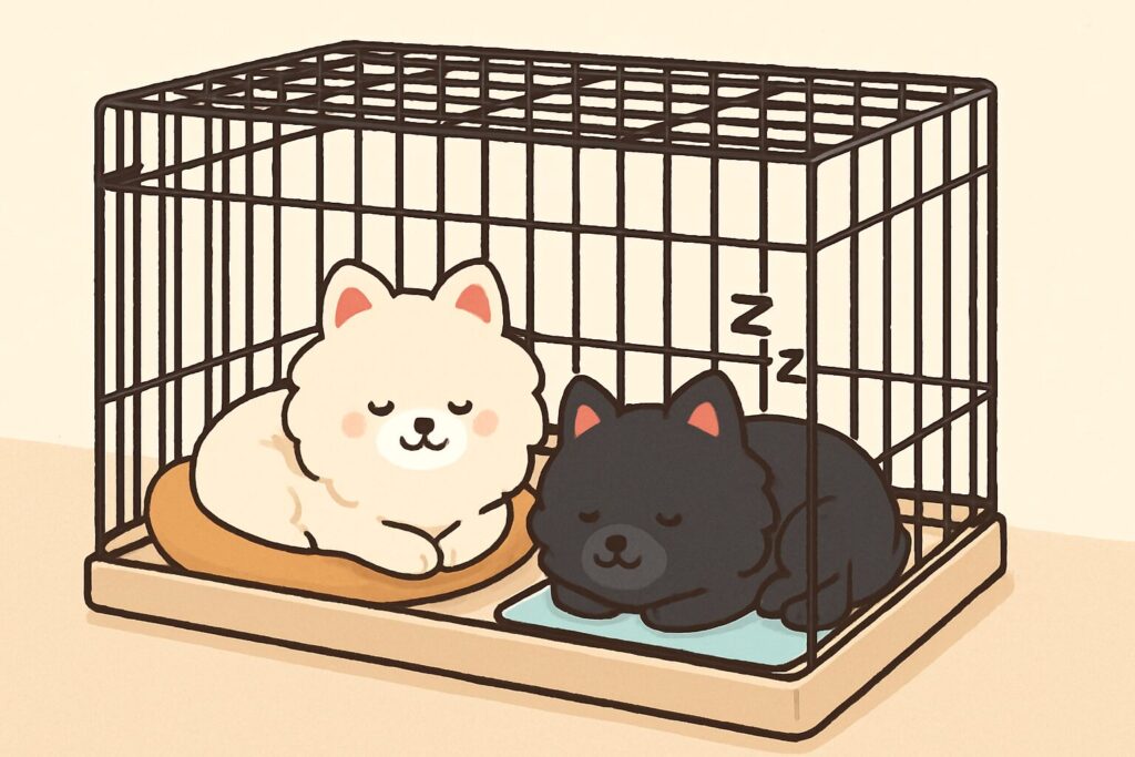 白と黒のポメラニアンがケージ内で仲良く眠っているイラスト