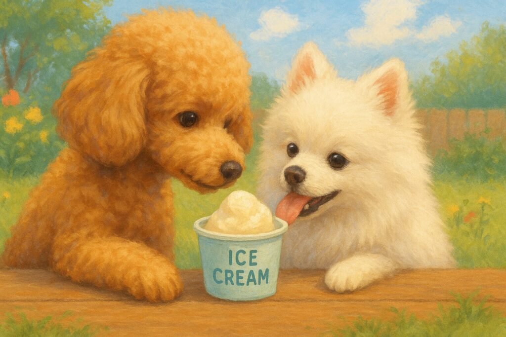 アプリコットプードルと白ポメが小さな犬用アイスを仲良く分け合う夏庭のイラスト
