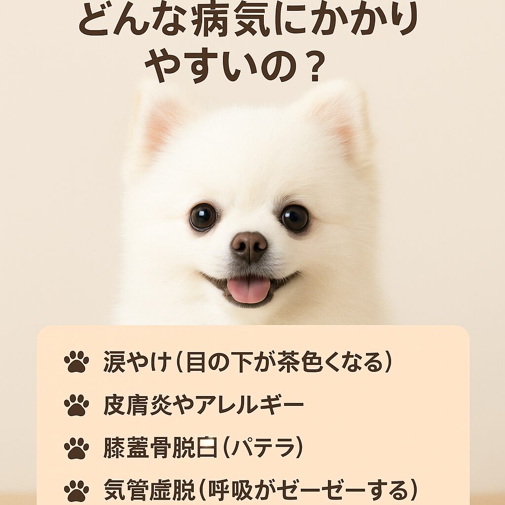 涙やけ・皮膚炎・パテラ・気管虚脱の症状を示す白ポメのイラスト図解