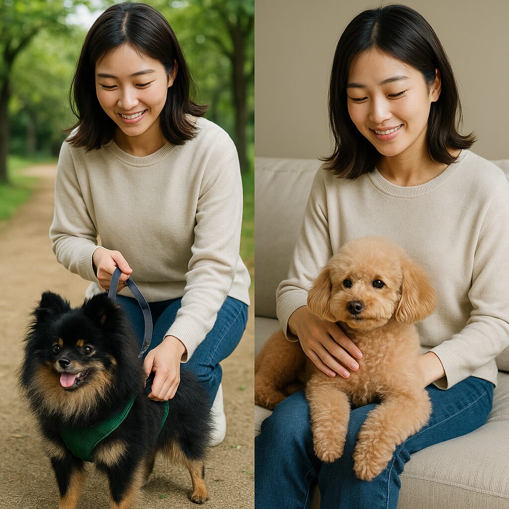 日本人女性が黒ポメラニアンとアプリコットプードルと過ごす屋外と室内のシーン
