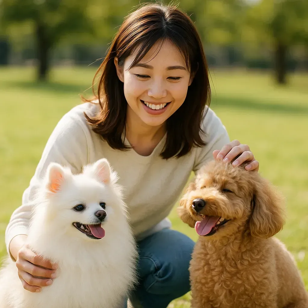 夕方の公園で、日本人女性が白ポメラニアンとアプリコットプードルを優しく撫でている。毛並みが光に輝き、安心と希望を感じさせる写真。