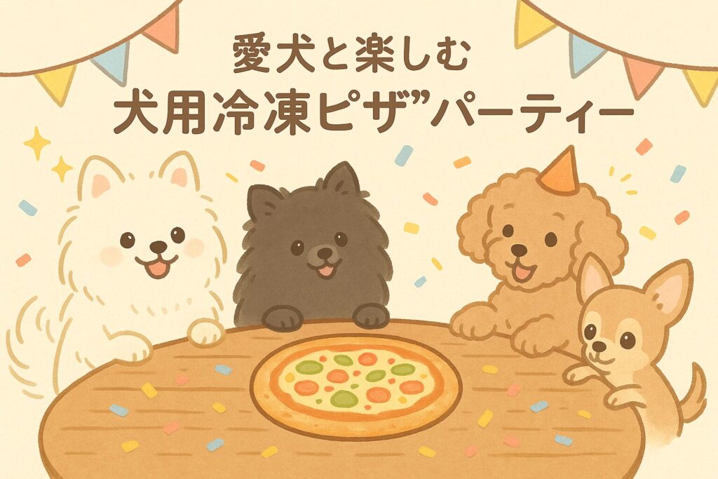 犬用冷凍ピザと白ポメ・黒ポメ・プードル・チワワがテーブルを囲む可愛いイラスト