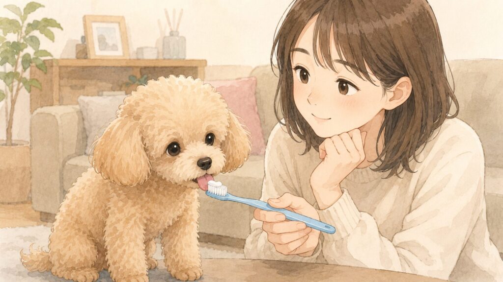 歯ブラシについた歯磨き粉を少し舐める小型犬