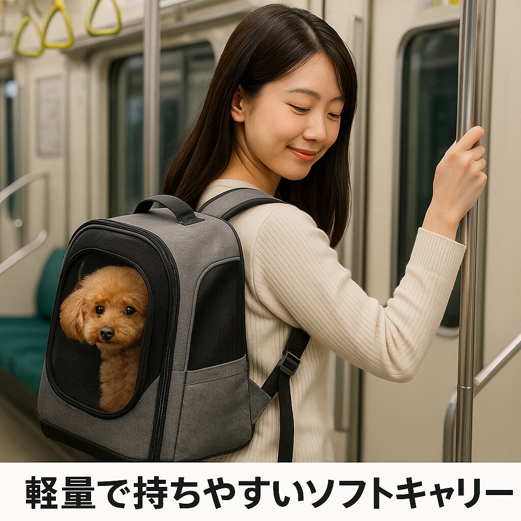 地下鉄車内でソフトキャリーのリュックを背負う日本人女性とアプリコットプードル(メッシュ越し)