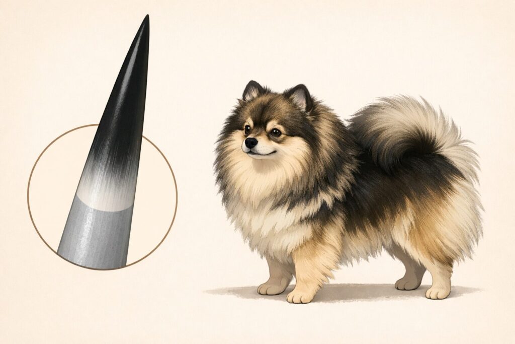 ポメラニアン ウルフセーブル 成犬の毛色構造(根元が淡色で毛先が濃色になるセーブルの特徴)