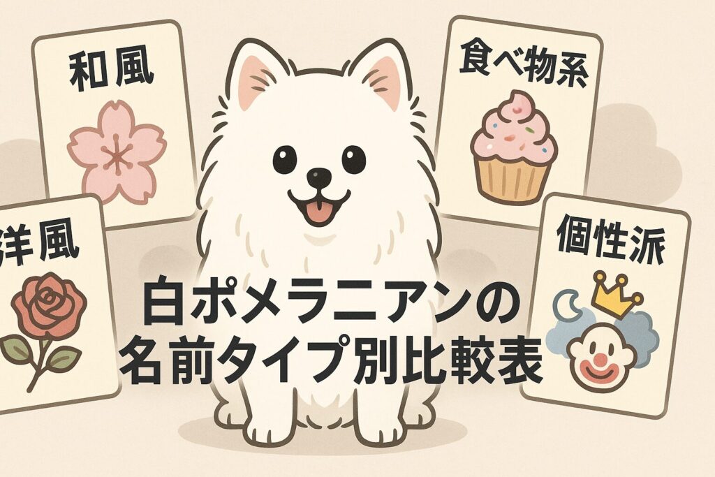 白ポメラニアンが5つのカード(和風・洋風・食べ物・自然・個性派)に囲まれているイラスト