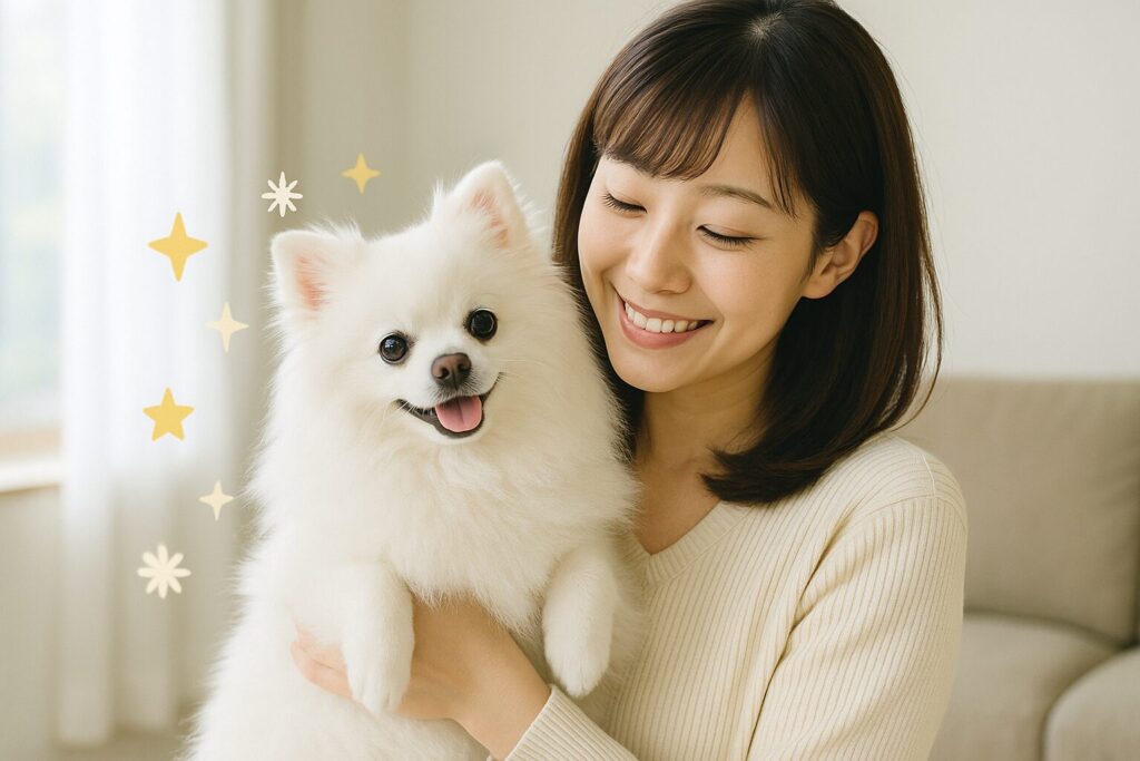 清潔感のある日本人女性が白ポメラニアンを抱き、やさしく微笑む実写風写真