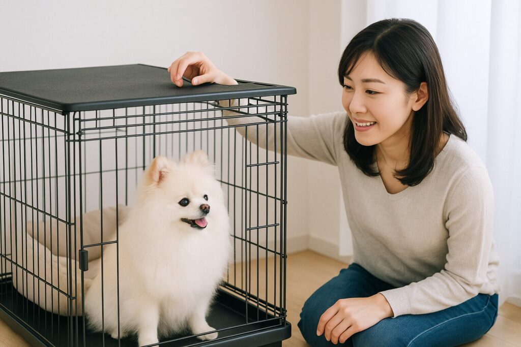 屋根付きケージの中で安心する白ポメラニアンと、それを見守る日本人女性の写真