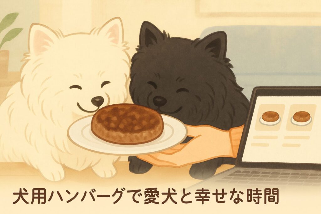 「白ポメと黒ポメが犬用ハンバーグを仲良く食べているイラスト。飼い主の手が優しく差し出している」