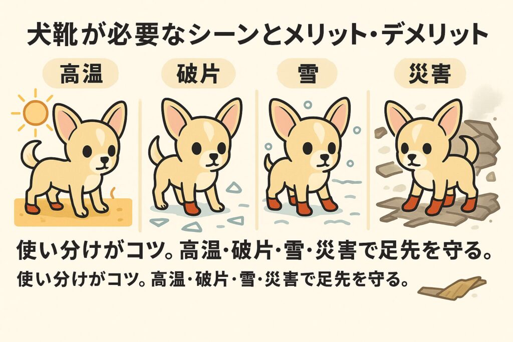 チワワが夏のアスファルト、雪道、ガラス片、災害瓦礫で犬靴を履いているイラスト