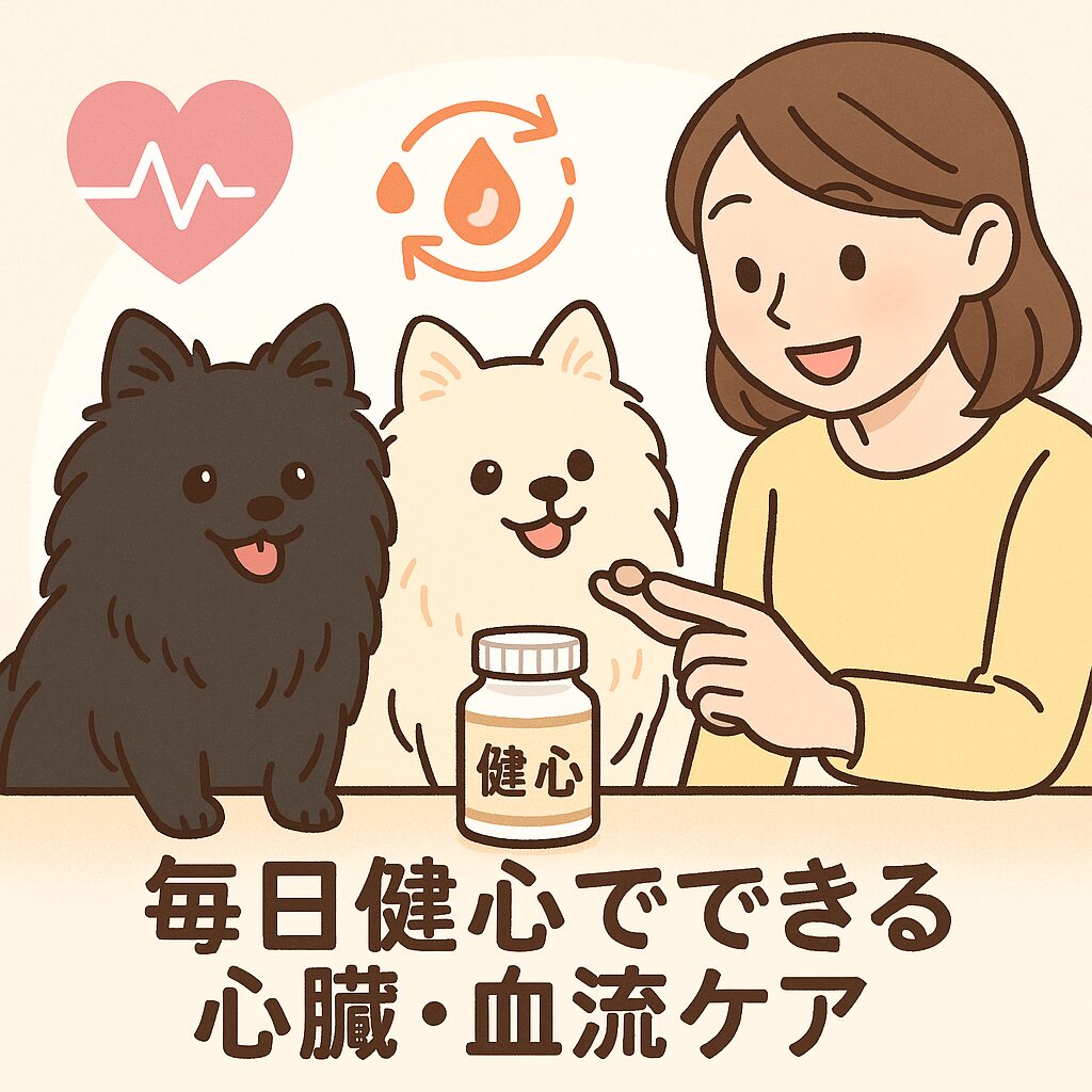 犬と飼い主がサプリを取り入れる様子のイラスト