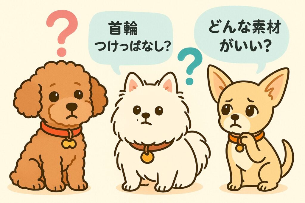 トイプードル、ポメラニアン、チワワが首輪について「つけっぱなし?」「素材は?」と悩むイラスト