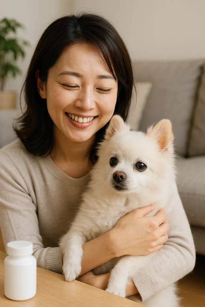 日本人女性が明るいリビングでシニア犬の白ポメラニアンを優しく抱きしめている写真。口コミの安心感を表現。