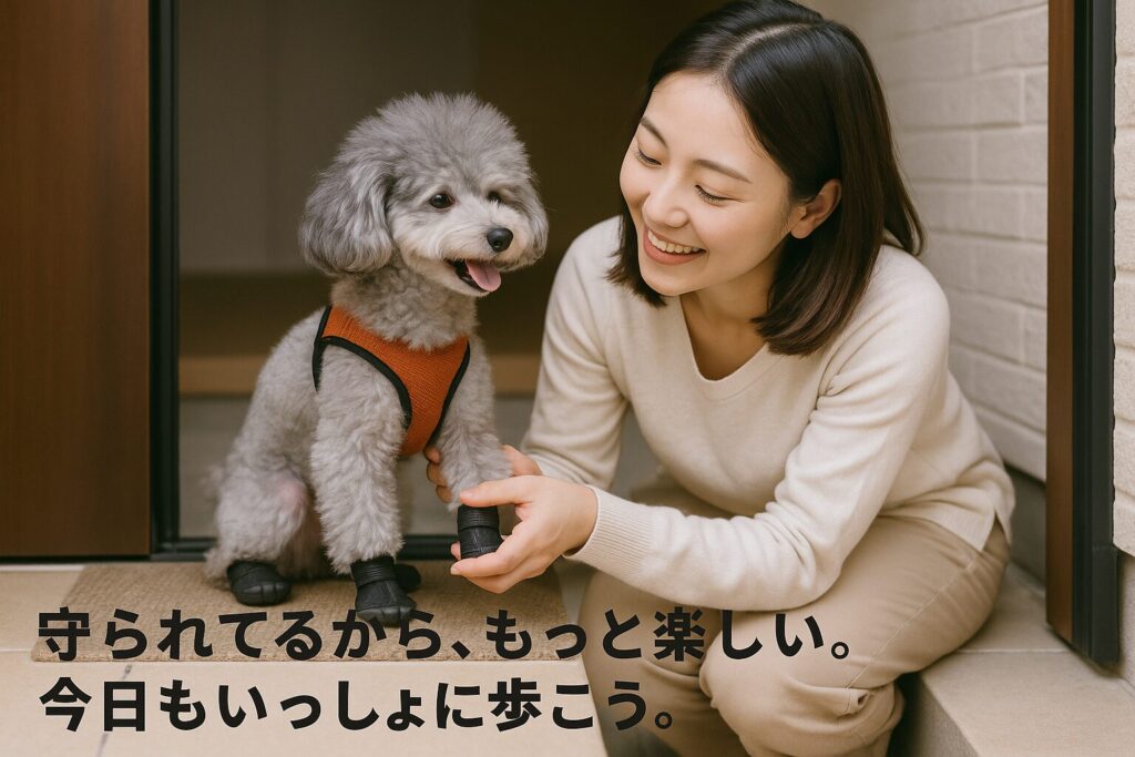 日本人女性がシルバートイプードルの犬靴を玄関で優しくチェックしている写真