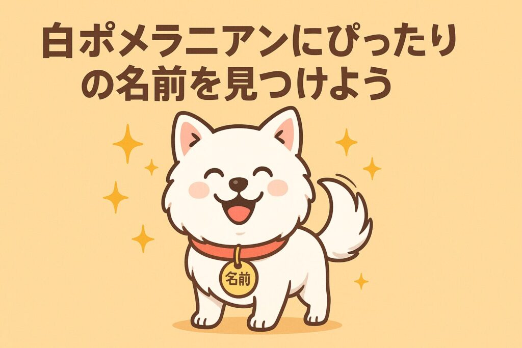 名札のついた首輪をつけた白ポメラニアンが嬉しそうに尻尾を振っているイラスト