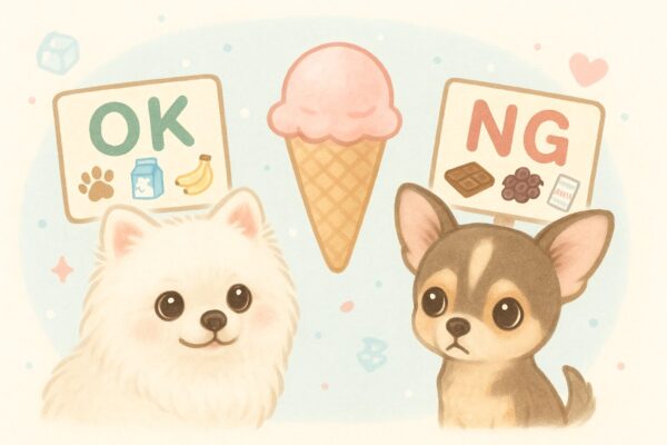 白ポメラニアンとチワワがアイスのOK/NGサインを見比べている、柔らかいタッチの可愛いイラスト