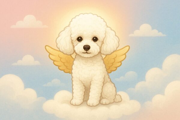 雲の上に座り、天使の羽を持つ白いトイプードルのイラスト