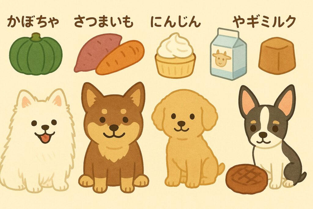 野菜や米粉、豆乳クリーム、ヤギミルク、鹿肉など安全素材を並べたイラストと犬たち