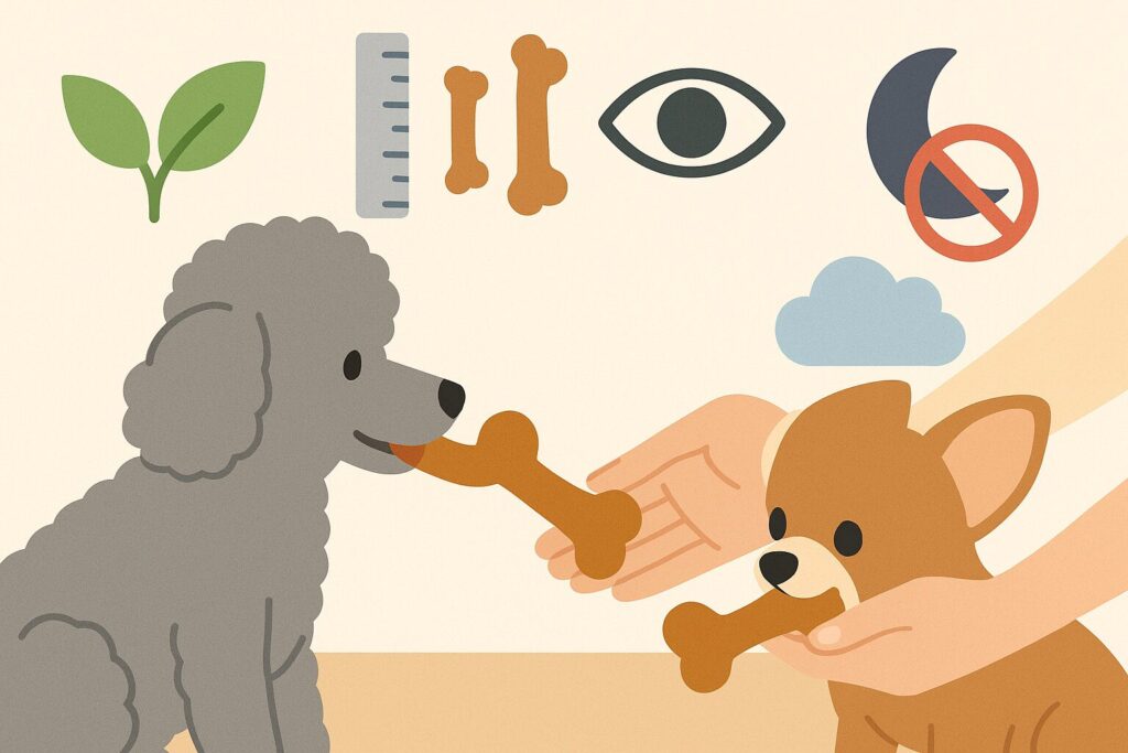 牛革犬用おもちゃの安全ポイントを図解したシルバートイプードルのイラスト