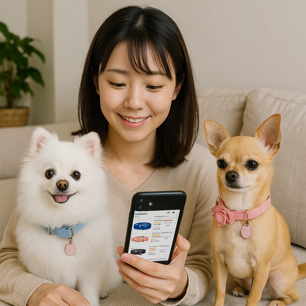 日本人女性が白ポメラニアンとチワワに首輪をつけ、スマホでAmazonの商品ページを見ている様子