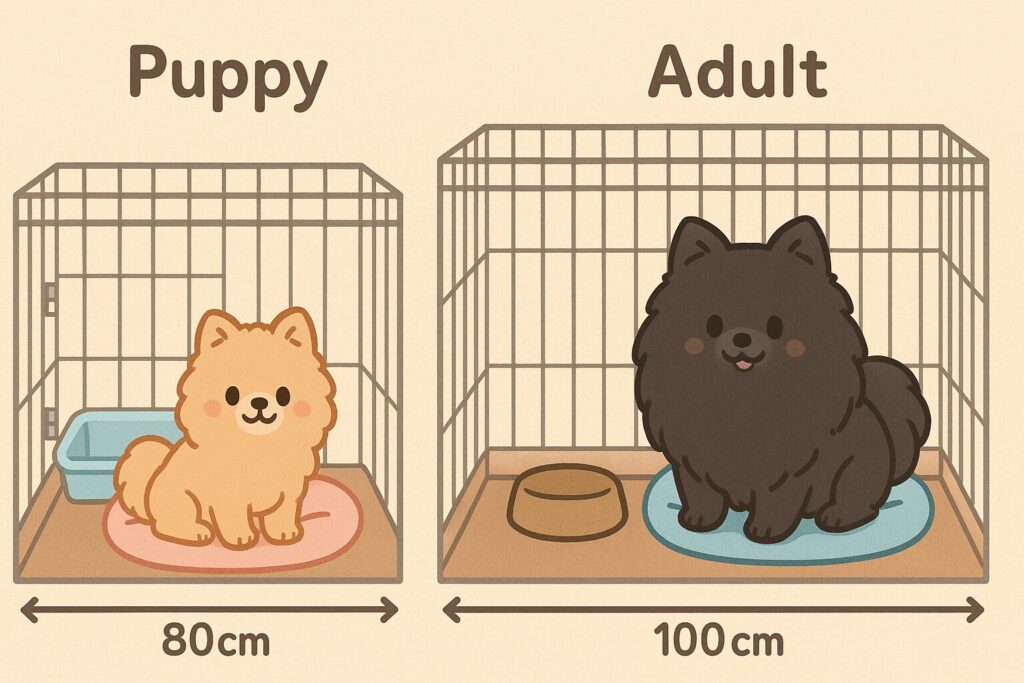 アプリコットカラーの子犬ポメラニアンと黒ポメラニアン成犬が、それぞれのサイズのケージに入っているイラスト