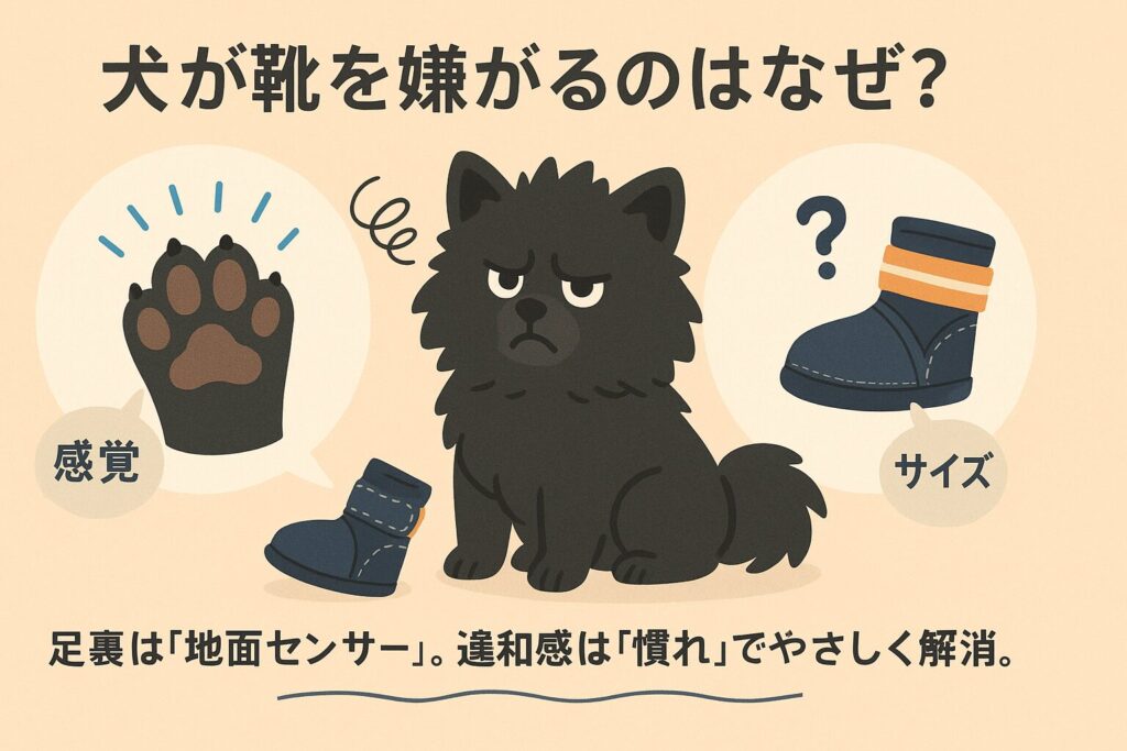 黒ポメラニアンが犬靴に戸惑うイラスト。肉球の感覚やサイズ違いを説明する図解風
