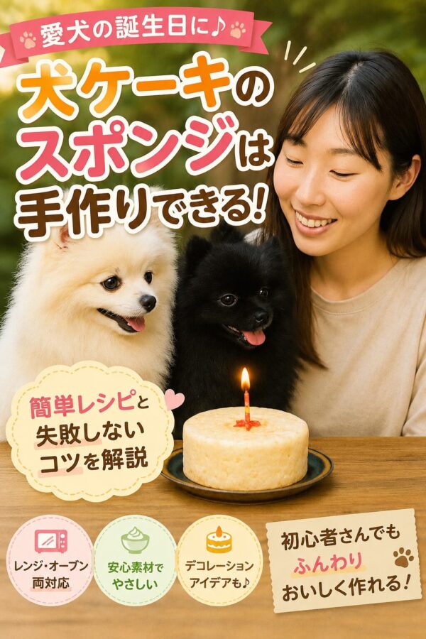 犬の誕生日ケーキを囲む2匹のポメラニアンと飼い主。手作り犬用スポンジケーキをお祝いする様子
