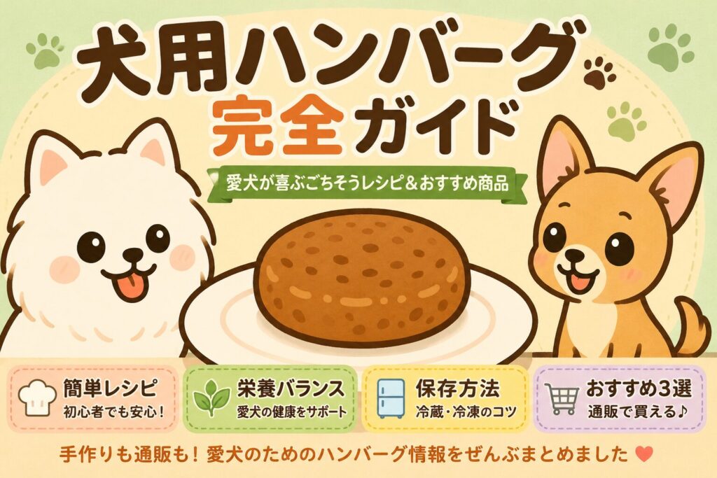 犬用ハンバーグ完全ガイドのアイキャッチ画像。白い犬とチワワが犬用ハンバーグを見つめているイラスト