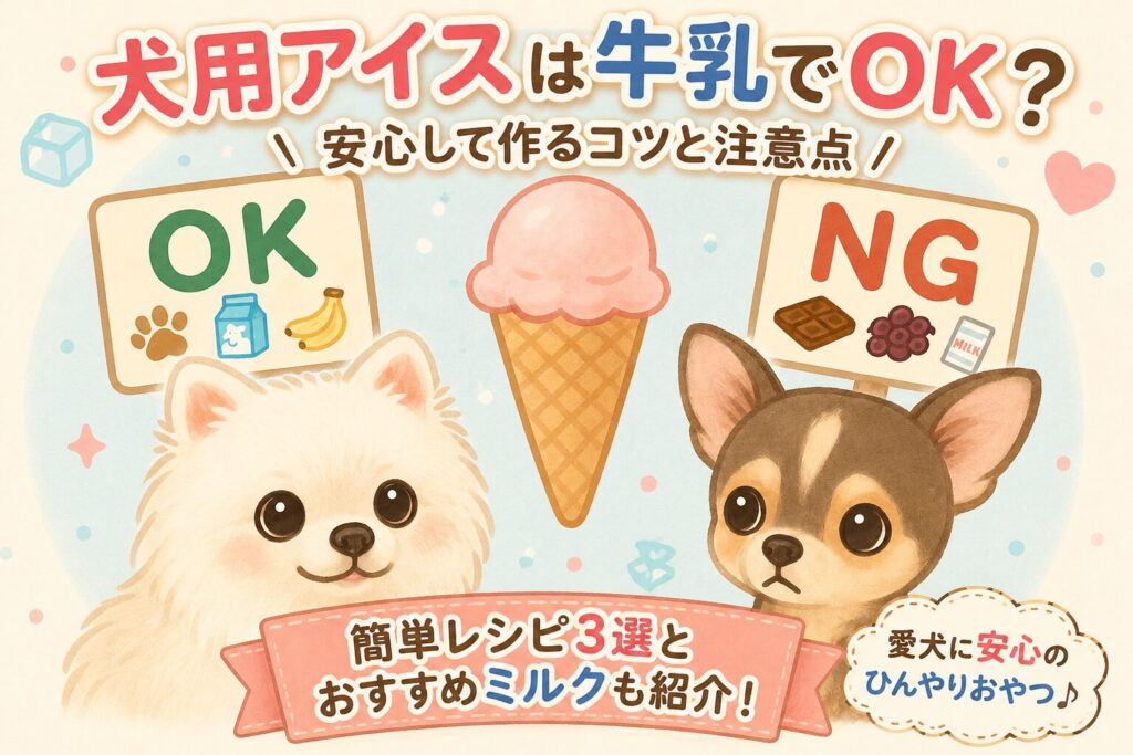 犬用アイスを牛乳で手作りするときの注意点を紹介するイラスト。OK食材とNG食材を比較している。