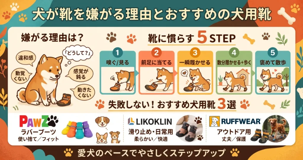 犬が靴を嫌がる理由と慣らし方、おすすめの犬用靴(PAWZ・LIKOKLIN・RUFFWEAR)を解説したアイキャッチ画像