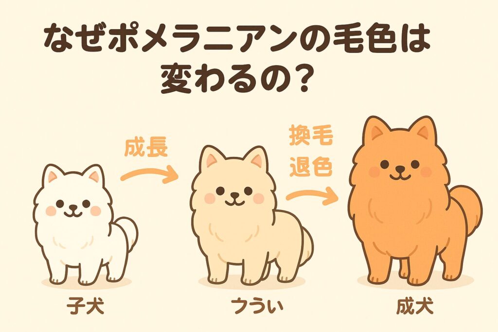 白い子犬からクリームの若犬、オレンジ色の成犬へと毛色が変化する様子のイラスト