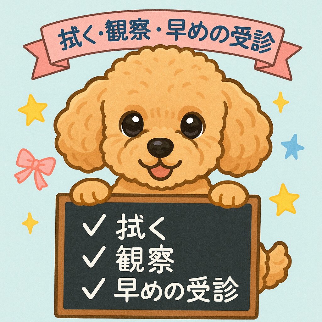 「ブルーとピンクを基調に黒板で目やに対策を説明するトイプードルの可愛いイラスト」