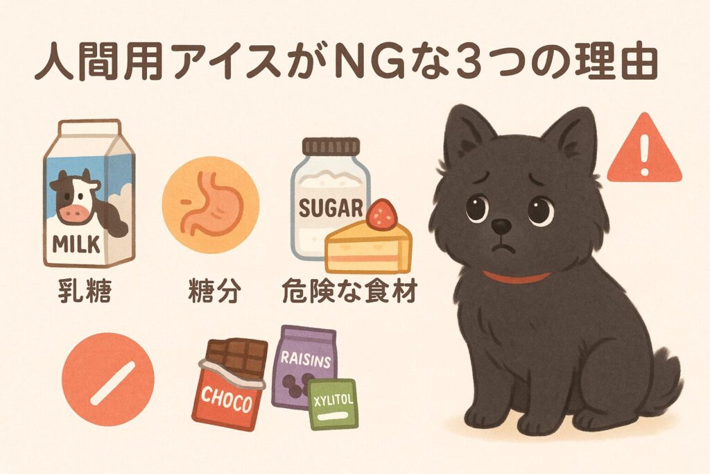 乳糖・高糖質・危険食材(チョコ/レーズン/キシリトール)を示す注意アイコン付きイラスト(黒ポメ)