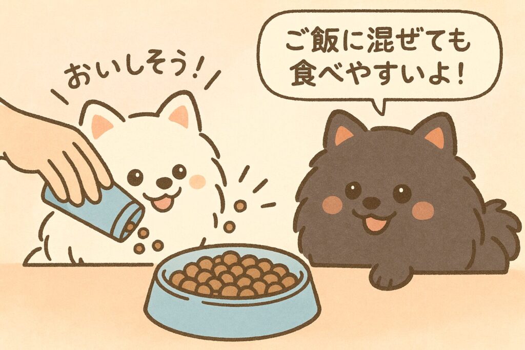 白ポメラニアンと黒ポメラニアンがフードに混ぜられたサプリを前に「おいしそう！」と笑顔で見ている可愛いイラスト