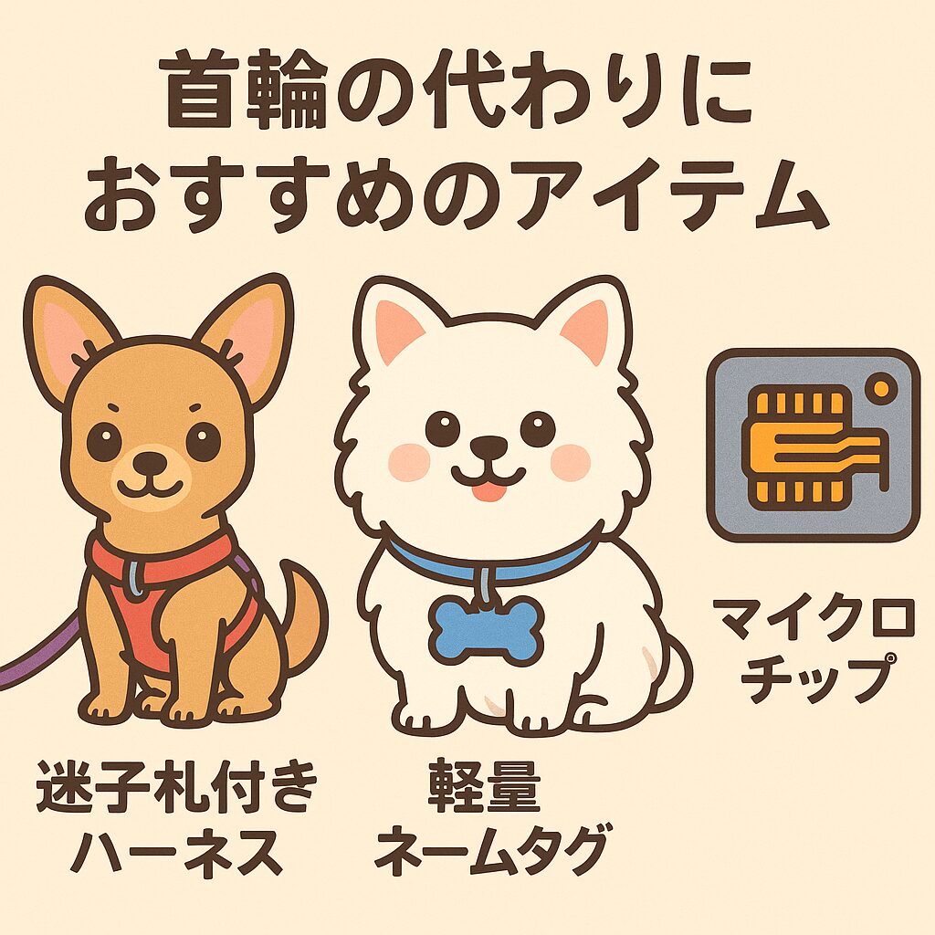 チワワがハーネス、白ポメラニアンがネームタグをつけたイラスト、横にマイクロチップのアイコン